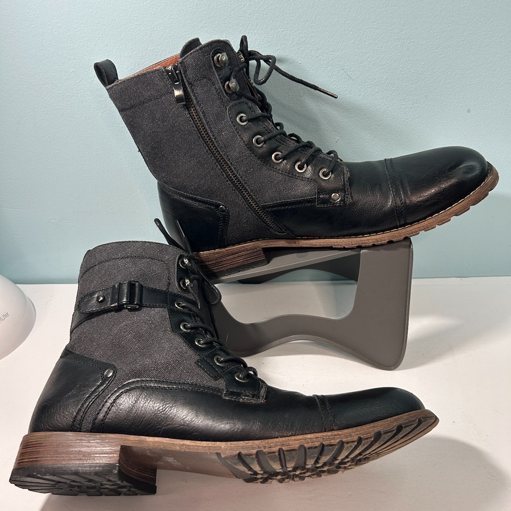 Polar Fox Mike Combat Boots Men's 12 Black Gray Lace Up + Side Zip + Buckle